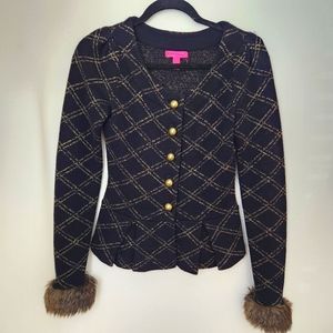 Betsey Johnson Gold Cardigan Fur Trim